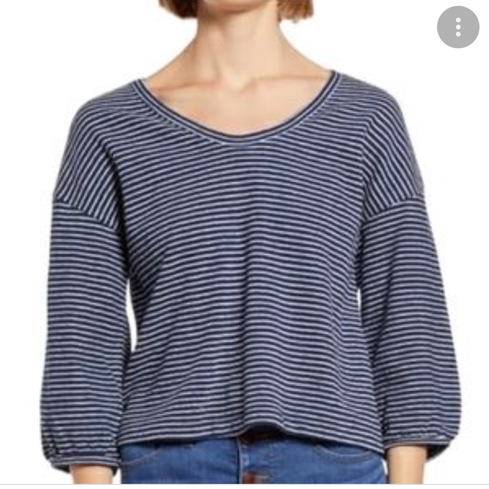 Madewell bubble sleeve top Women’s size medium Blue&White Striped V-Neck cotton